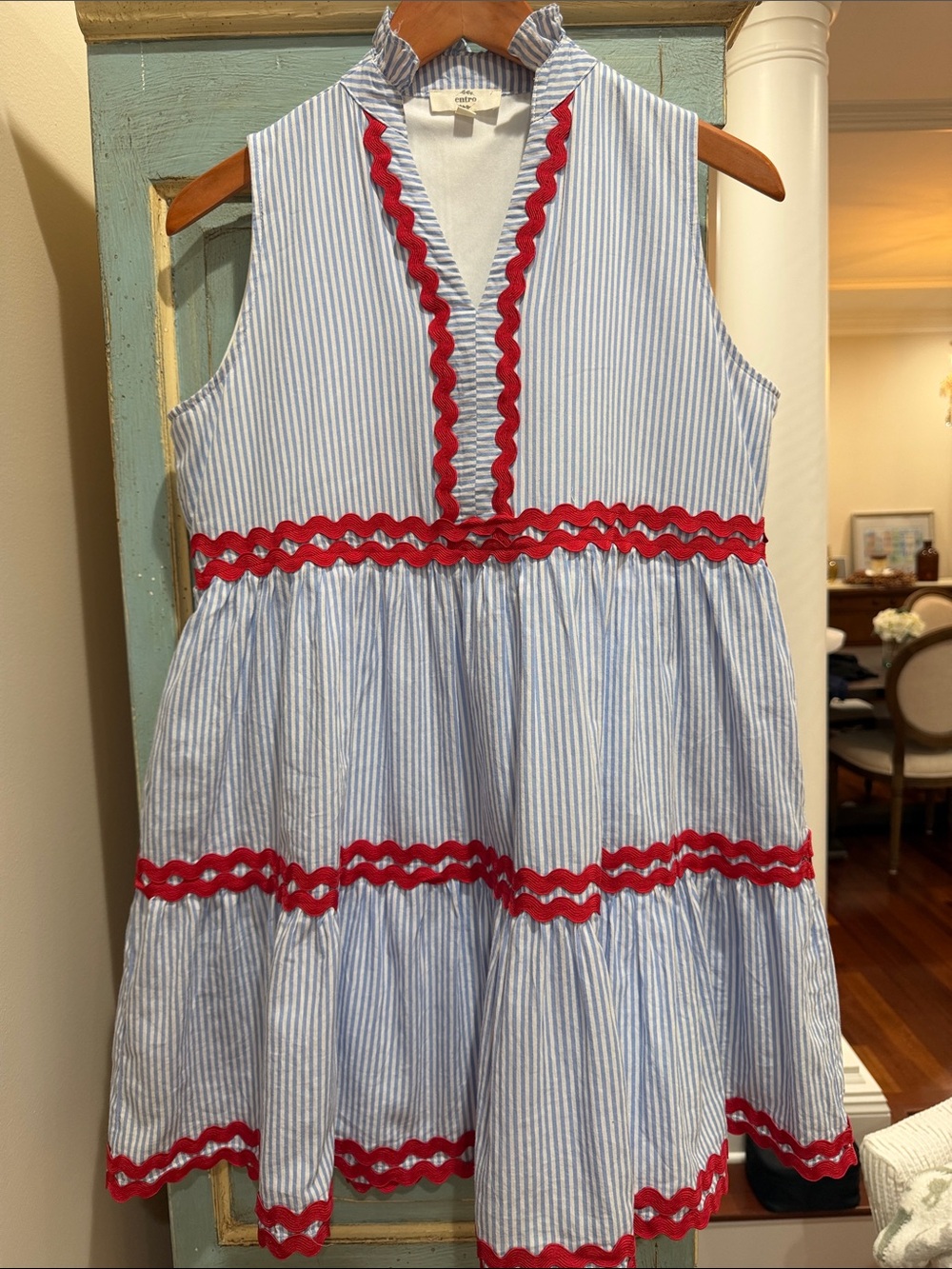 Entro Blue White Striped Ric Rac Tiered Mini Dress Ruffle V Neck Cotton Blend M
